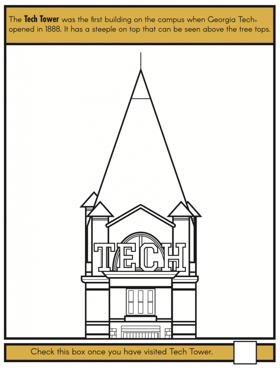 A page of the book with a drawing of Tech Tower.