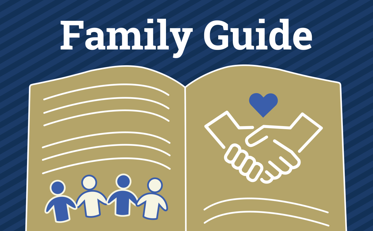 A graphic depicting an open brochure with icons of hands and hearts