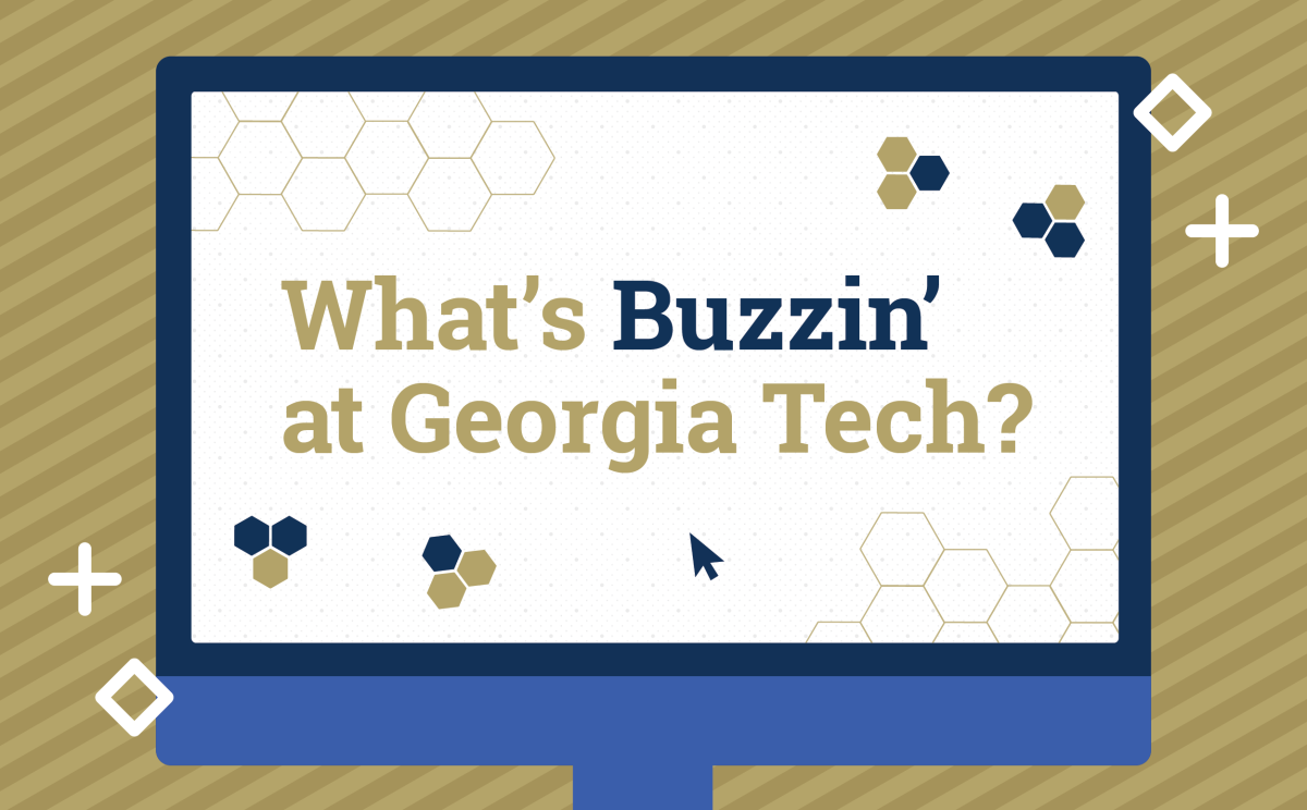 A graphic with a computer screen that has inside the text: What's Buzzing at Georgia Tech.