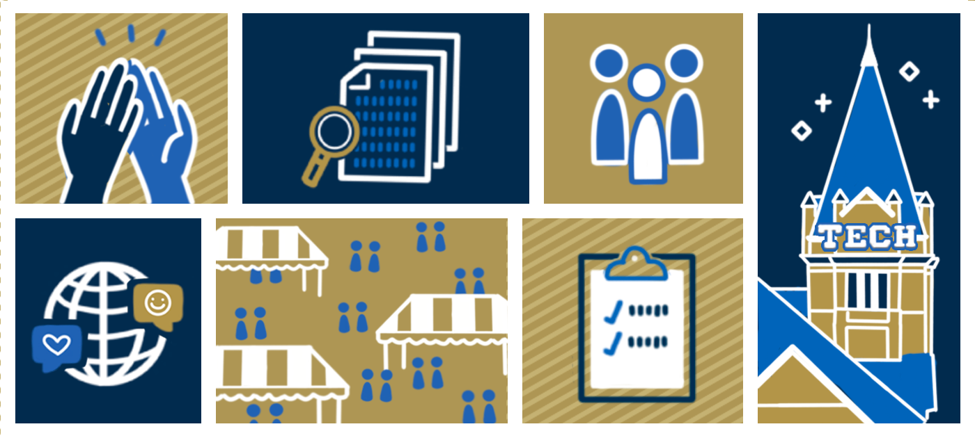 A collage of graphic images representing the different services of the program