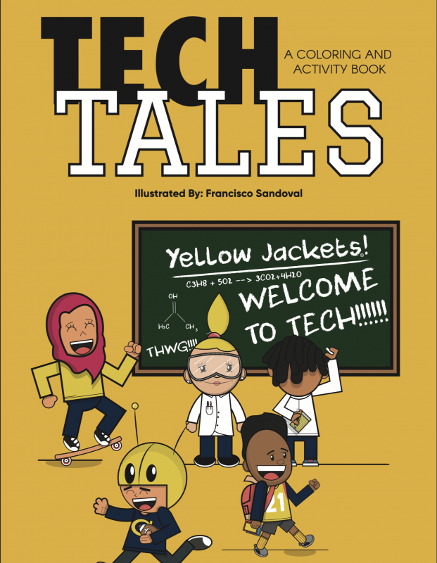 Cover of the book with different childlike characters smiling and doing different student type activities.