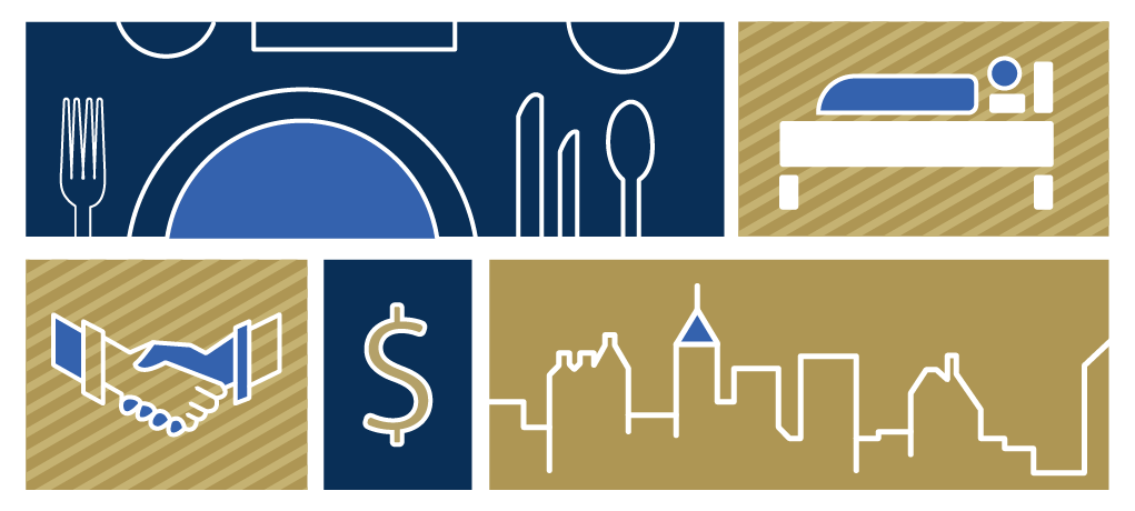 Graphic image with icons representing a dining table, money, the ATL skyline, a be and shaking hands