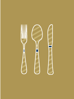 A graphic icon image of a fork, spoon and knife on a gold colored background.