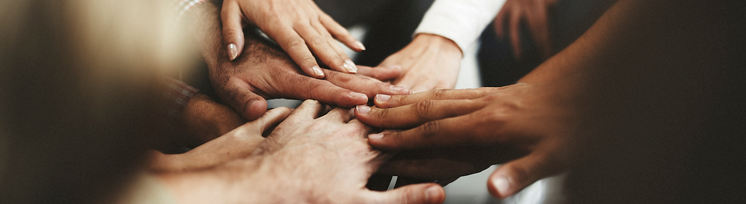 Group of multiethnic hands holding symbolizing teamwork.