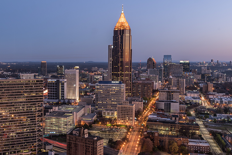 Downtown Atlanta skyline at sunset.