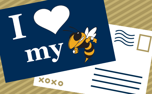 Graphic of a postcard front and back. The fron reads I (heart icon) my (Buzz graphic).