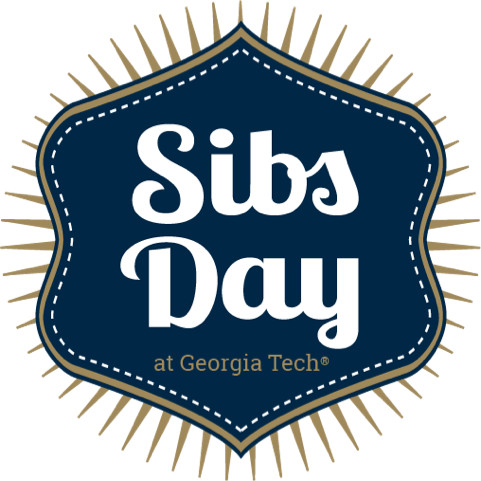 A navy blue shield with a gold and white border and gold rays extending from the entire perimeter, with the words Sibs Day at Georgia Tech in white